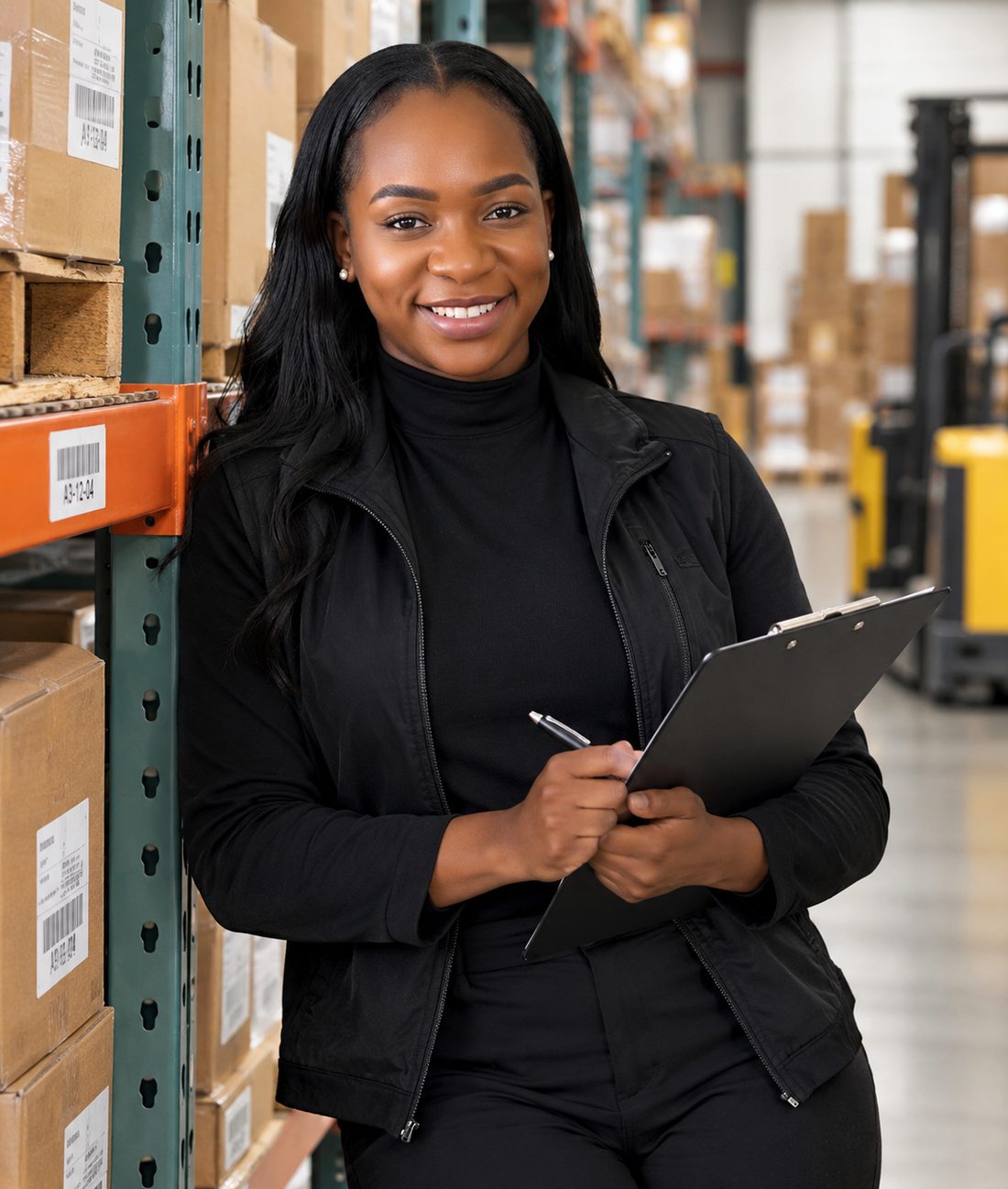 Christabel Barnaby, founder and operations consultant, smiling with a clipboard in a warehouse